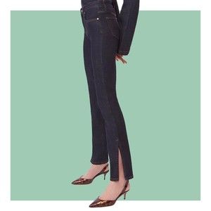 BLDWN Vented Skinny High Rise Side Slit Outer Ankle Flare Dark Blue Denim Jeans